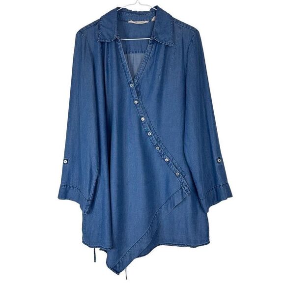 Soft Surroundings Lyocell Blue Chambray Asymmetric Button Front Tunic Top Womens - Picture 1 of 9
